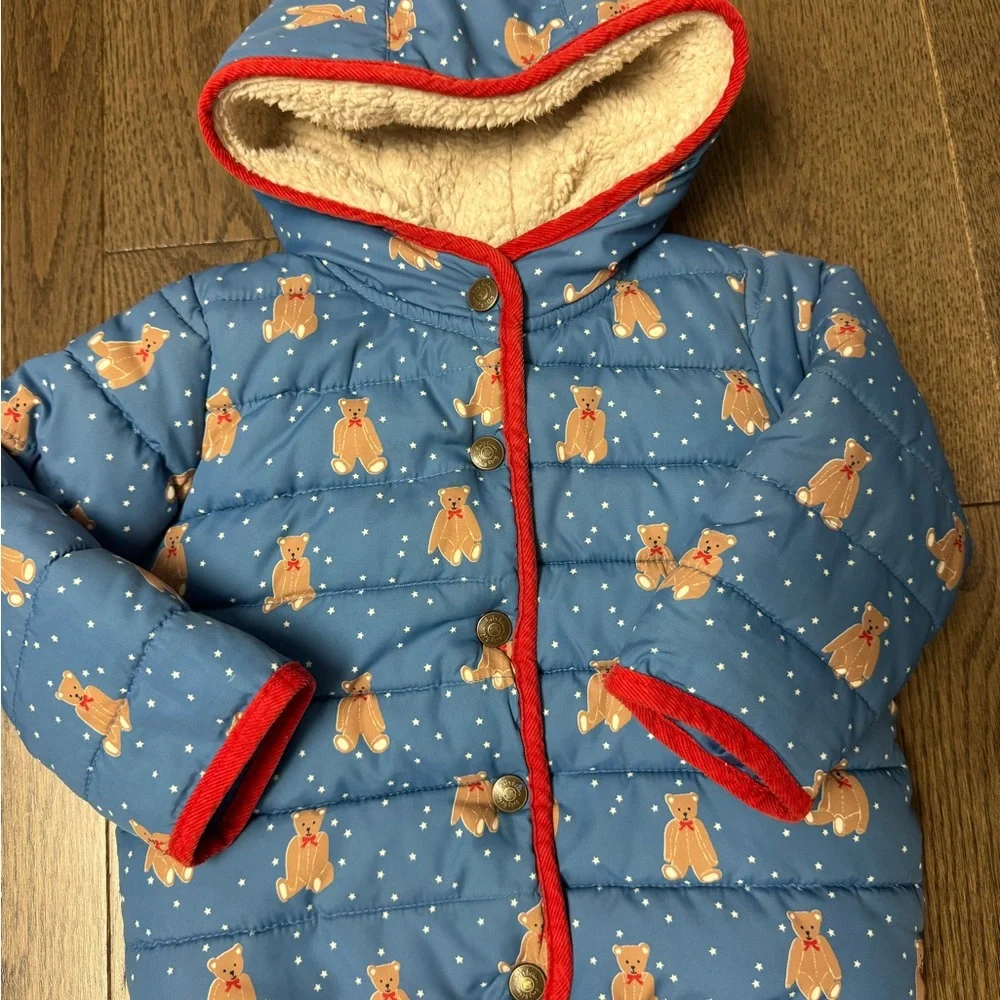 Baby Boden Blue Teddy Bear Lined Coat with Red Trim size 18/24m - Picture 2 of 5